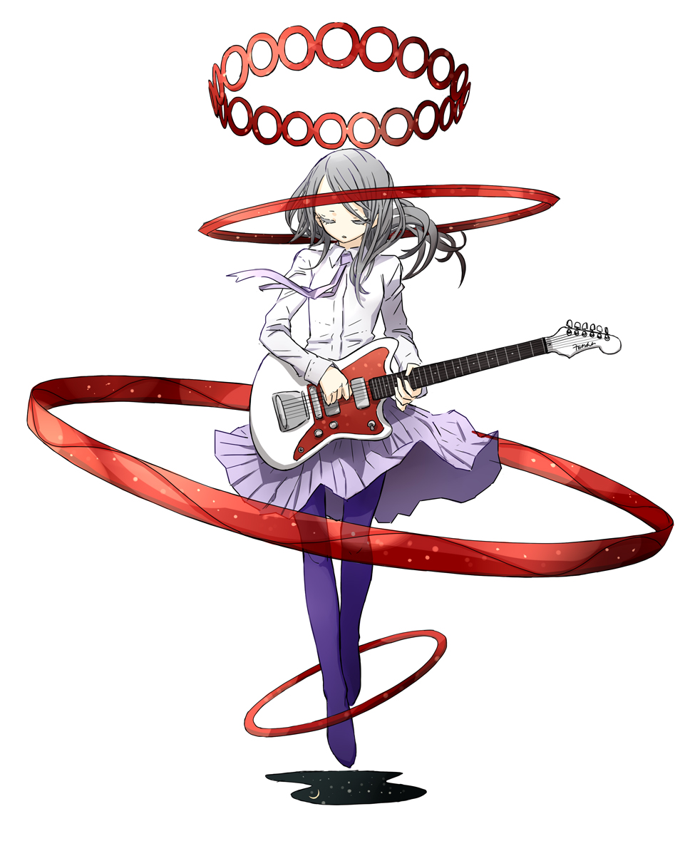 1girl arakawa_(aintnoroom) closed_eyes collared_shirt electric_guitar fender_stratocaster floating full_body grey_hair guitar halo holding holding_instrument instrument long_hair long_sleeves music necktie original pantyhose playing_instrument pleated_skirt purple_necktie purple_pantyhose purple_skirt red_halo red_ribbon ribbon shirt simple_background skirt solo white_background white_shirt