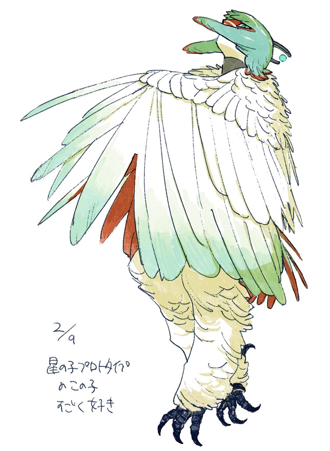 1other androgynous animal_feet bird_legs blue_eyes commentary_request covered_mouth feather_hair feathered_wings feathers full_body green_hair harpy harpy_boy highres looking_at_viewer monster_boy monster_girl sabyap short_hair simple_background sky:_children_of_the_light solo talons translation_request white_background white_feathers white_wings winged_arms wings