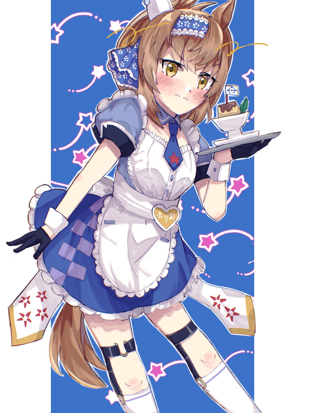 1girl alternate_costume animal_ears apron blue_background blush breasts brown_eyes brown_hair character_request closed_mouth commentary_request enmaided food gloves hair_between_eyes hair_ornament headband highres holding holding_tray horse_ears horse_girl horse_tail looking_at_viewer maid necktie okapun pudding simple_background small_breasts tail thighhighs tray umamusume