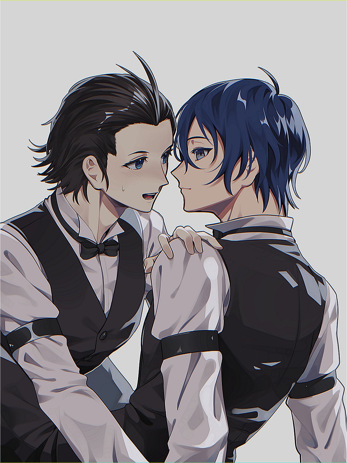 2boys arm_support between_legs black_bow black_bowtie black_hair black_pants black_vest blue_eyes blue_hair blush bow bowtie butler collared_shirt elulit2 grey_eyes hair_slicked_back hand_on_another's_shoulder highres long_sleeves looking_at_another male_focus mochizuki_ryouji multiple_boys official_alternate_costume open_mouth pants persona persona_3 shirt short_hair simple_background sitting smile sweat traditional_bowtie vest white_background white_shirt wing_collar yaoi yuuki_makoto_(persona_3)