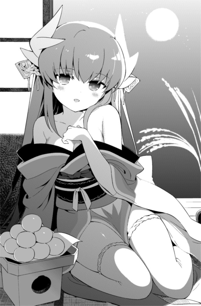 1girl blush breasts dragon_girl dragon_horns fate/grand_order fate_(series) greyscale hanabana_tsubomi hand_on_own_chest horns japanese_clothes kimono kiyohime_(fate) looking_at_viewer monochrome moon multiple_horns obi parted_lips partially_undressed reeds sash seiza sitting small_breasts smile solo tagme thighhighs