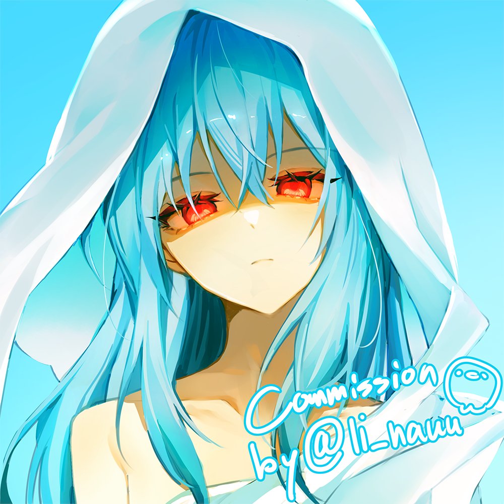 1other bare_shoulders blue_background blue_hair collarbone commission crossed_bangs frown glaring glowing glowing_eyes hair_between_eyes head_tilt hood hood_up li_nauu long_hair looking_at_viewer other_focus red_eyes rimuru_tempest shaded_face sidelocks simple_background solo tensei_shitara_slime_datta_ken watermark