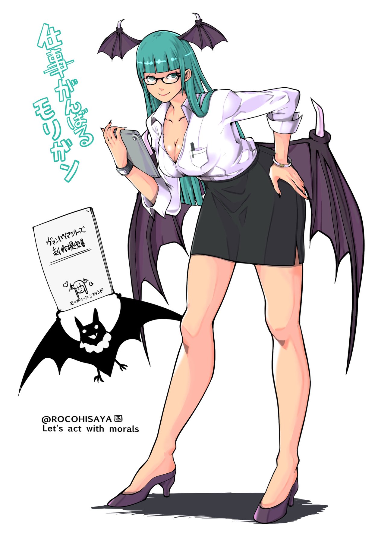 1girl bat_(animal) bat_wings black_nails black_skirt blunt_bangs breasts cleavage commission fingernails full_body glasses green_eyes green_hair hand_on_own_hip head_wings high_heels highres hime_cut long_fingernails long_hair long_sleeves low_wings morrigan_aensland office_lady pencil_skirt puffy_long_sleeves puffy_sleeves purple_footwear rocohisaya shirt simple_background skirt smile solo vampire_(game) watch white_background white_shirt wings wristwatch