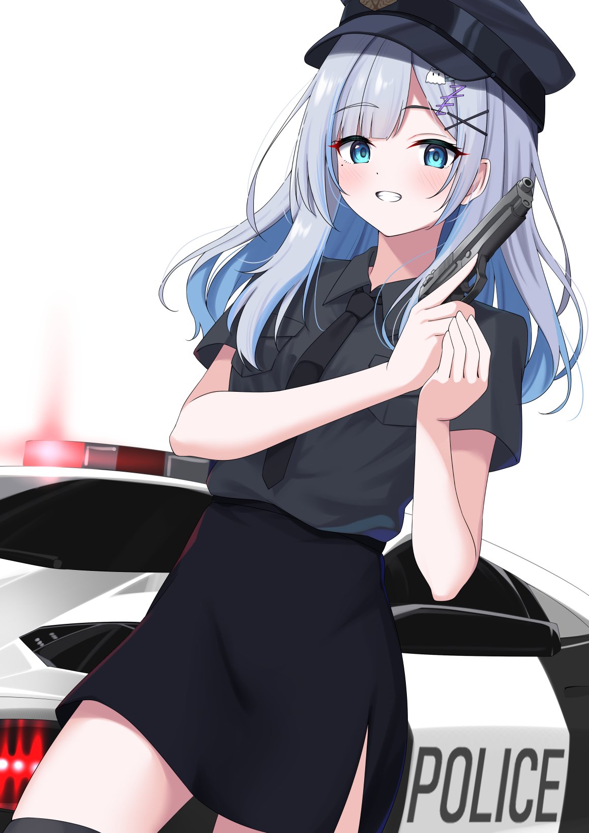 1girl :d black_headwear black_necktie black_shirt black_skirt blue_eyes blue_hair blush car collared_shirt colored_inner_hair cowboy_shot dot_nose grey_hair grin gun hair_ornament handgun hat high-waist_skirt highres holding holding_gun holding_weapon kaga_sumire legs_apart looking_at_viewer lupinus_virtual_games miniskirt motor_vehicle multicolored_hair necktie open_mouth own_hands_together peaked_cap pencil_skirt police police_car police_uniform shirt shirt_tucked_in short_sleeves side_slit simple_background skirt smile solo syurimp teeth uniform virtual_youtuber vspo! weapon white_background x_hair_ornament