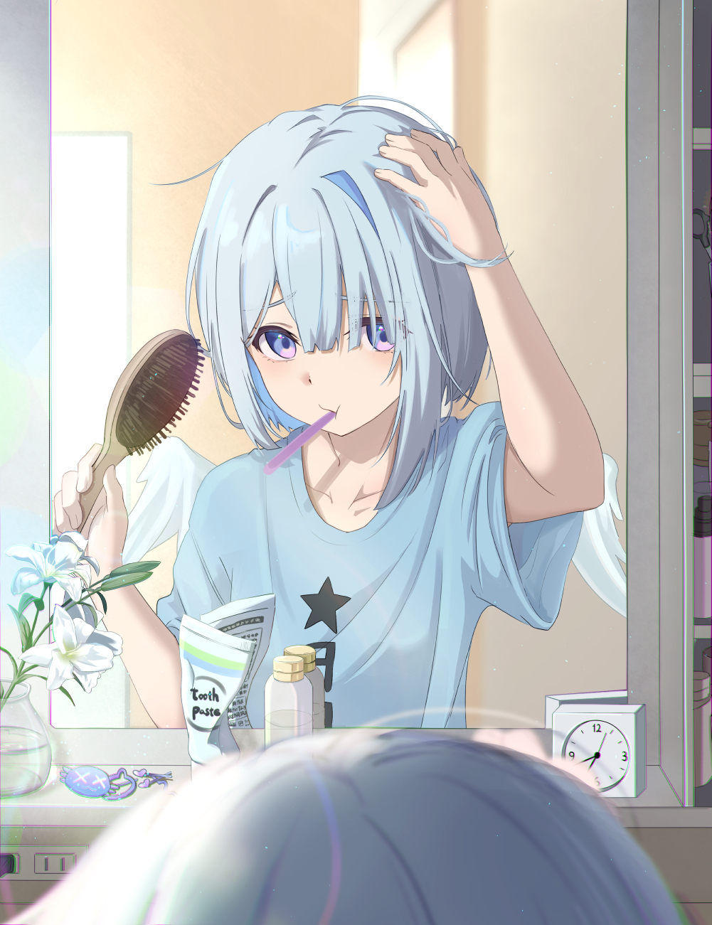 1girl amane_kanata analog_clock angel angel_wings asymmetrical_hair axolotl blue_hair blue_shirt blurry blurry_foreground bob_cut bottle brushing_hair casyu_nut charm_(object) clock collarbone commentary depth_of_field electrical_outlet feathered_wings flower hair_brush hair_ornament hair_over_one_eye hairclip hairdressing highres holding holding_hair_brush hololive lily_(flower) looking_at_reflection looking_at_self medicine_cabinet messy_hair mini_wings mirror mouth_hold multicolored_hair pink_hair pp_tenshi_t-shirt purple_eyes raised_eyebrows reflection shelf shirt short_hair short_sleeves single_hair_intake solo streaked_hair t-shirt toothbrush toothbrush_in_mouth toothpaste white_flower white_wings wings x_x