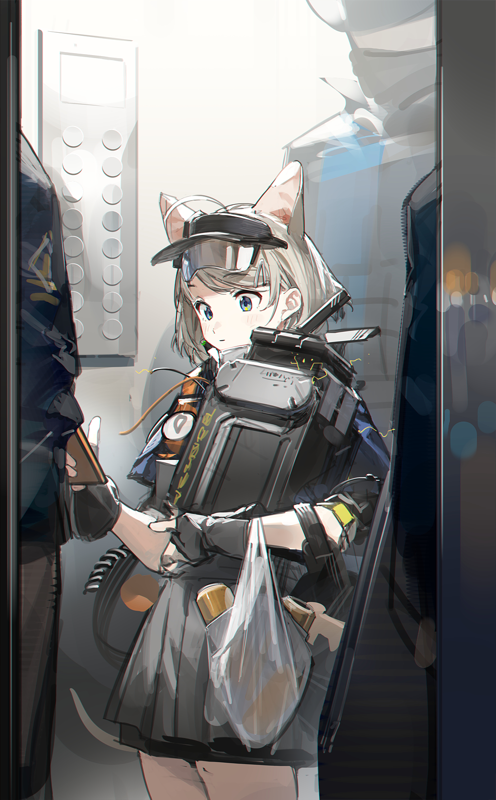 1girl 2others almond_(arknights) animal_ears arknights bag black_gloves blue_eyes blue_shirt blush can computer computer_tower dog_ears dog_girl dog_tail drink_can elevator fingerless_gloves gloves grey_hair grey_skirt grocery_bag highres holding holding_bag looking_down multiple_others shirt shopping_bag short_hair skirt solo_focus surprised tail visor_cap zhili_xingzou