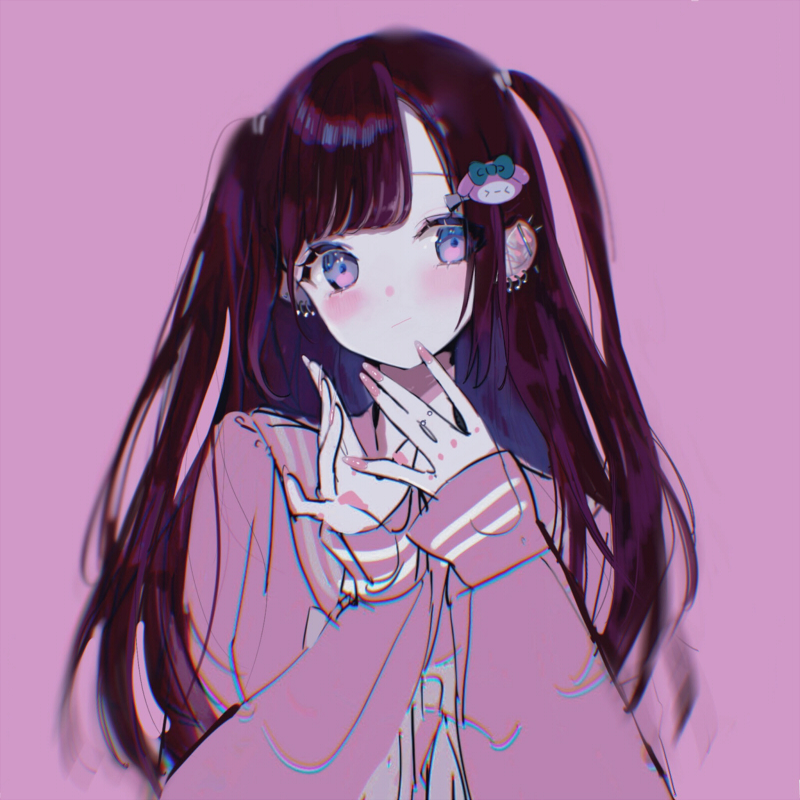 1girl blue_eyes blurry blush brown_hair closed_mouth depth_of_field ear_piercing earrings hair_ornament hands_up jewelry long_hair long_sleeves looking_at_viewer my_melody nail_polish onegai_my_melody original piercing pink_background pink_nails pink_shirt purple_background purple_eyes purple_theme sanrio shikishima_(eiri) shirt simple_background sleeves_past_wrists solo two_side_up upper_body