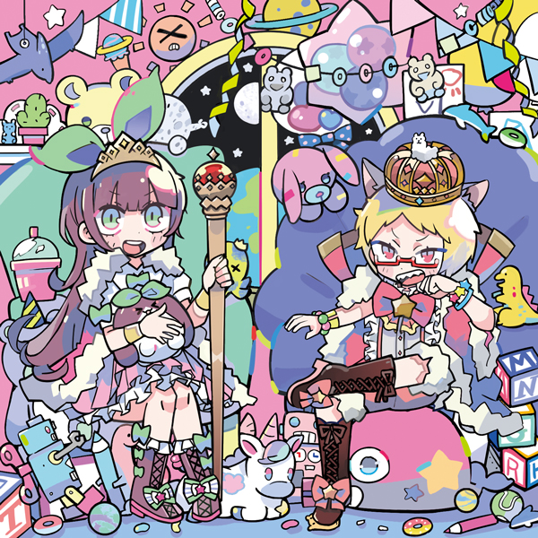 &gt;_&lt; 1boy 1girl animal_ears animal_on_lap ball bead_bracelet beads bedroom black_sky blonde_hair blunt_bangs blush_stickers boots bow bowtie bracelet brooch brown_footwear brown_hair brown_ribbon buttons cactus candy cape cat_ears center_frills character_request child's_drawing clenched_hand collared_robe colored_pencil commentary_request copyright_request cross-laced_footwear crown cup disposable_cup dog double-parted_bangs drinking_straw eyelashes food footwear_bow footwear_ribbon frilled_footwear frilled_skirt frills full_body fur-trimmed_cape fur-trimmed_robe fur-trimmed_shorts fur-trimmed_sleeves fur_trim garland_(decoration) glasses gold_bracelet gold_headwear green_bow green_bowtie green_eyes hair_bow hand_on_own_cheek hand_on_own_face high_collar high_heel_boots high_heels holding holding_scepter indoors jelly_bean jewelry knee_boots knees long_hair long_sleeves miniskirt multiple_girls night night_sky on_lap open_mouth pencil pink_eyes pink_skirt planet planetary_ring plant pleated_skirt potted_plant red-framed_eyewear red_bow red_bowtie red_cape red_robe red_shorts red_sleeves ribbon robe scepter sharp_teeth shelf shirt short_hair short_sleeves shorts sitting skirt sky sleeve_bow sleeves_past_elbows smile star_(sky) star_(symbol) star_bracelet star_brooch starry_sky stuffed_animal stuffed_dinosaur stuffed_rabbit stuffed_toy stuffed_unicorn stuffed_whale sun_symbol teeth tennis_ball terada_tera tiara toy_block toy_robot traditional_bowtie upper_teeth_only v-shaped_eyebrows very_long_hair white_shirt white_sleeves wide_sleeves x