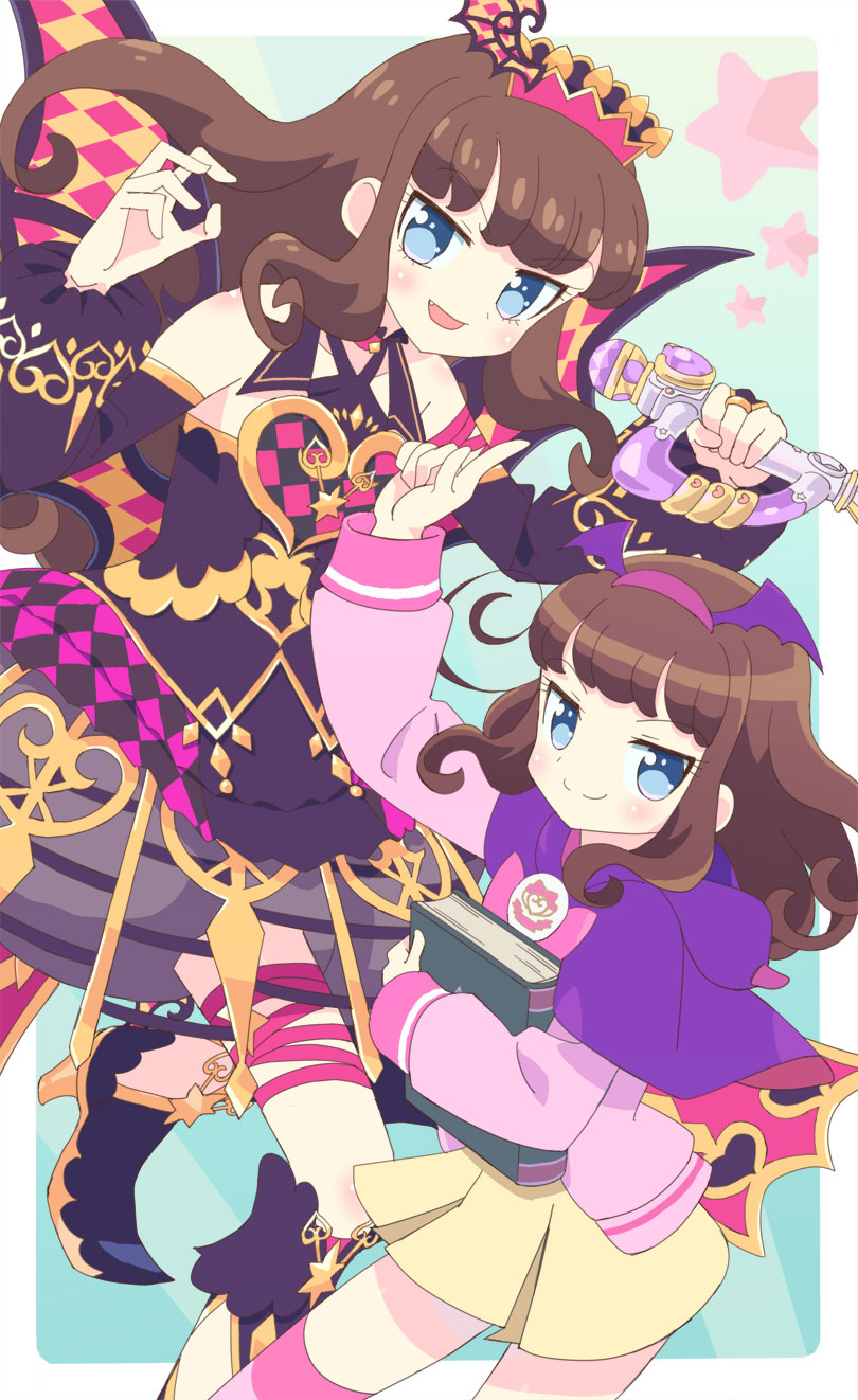 2girls :d arm_up black_footwear blue_eyes book brown_dress brown_hair capelet cardigan closed_mouth commentary_request detached_sleeves dress dual_persona fake_wings fang gold_trim hairband hands_up high_heels highres holding holding_book holding_microphone idol_clothes idol_time_pripara index_finger_raised ku_(residual666) kurosu_aroma long_hair long_sleeves looking_at_viewer microphone multiple_girls open_mouth paprika_private_academy_school_uniform pink_cardigan pink_hairband pretty_series pripara purple_capelet school_uniform short_dress smile standing winged_hairband wings yellow_dress