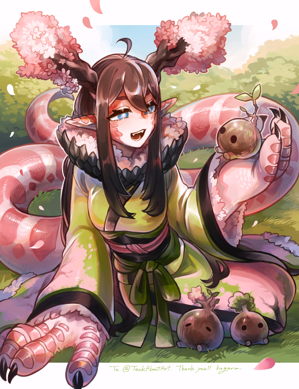artist_name asian_clothing big_hands blue_eyes breasts brown_hair cherry_blossom clawed_fingers clothing clothing_bow commissioner_name cute_fangs dragon dress east_asian_clothing eastern_dragon female floral_print fur_trim grass green_clothing green_dress hair hi_res hogara humanoid humanoid_pointy_ears japanese_clothing kimono light_body light_skin long_tail mythological_creature mythological_scalie mythology obi obijime open_mouth outside pink_body pink_scales plant plant_horn pseudo_horn ruff scales scalie signature sitting solo tail text