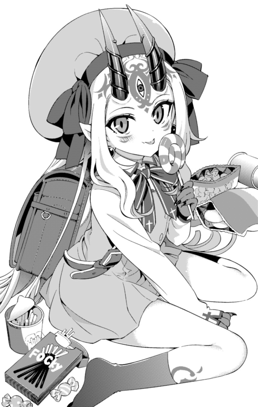 1girl alternate_costume backpack bag bag_of_chips blush body_markings bow bowtie brand_name_imitation candy candy_wrapper facial_mark fate/grand_order fate_(series) food grey_hair hanabana_tsubomi hat hat_ribbon highres holding holding_candy holding_food holding_lollipop homurahara_academy_school_uniform horns ibaraki_douji_(fate) lollipop long_hair long_sleeves looking_at_viewer oni pocky pointy_ears randoseru ribbon school_uniform simple_background sitting smile socks solo very_long_hair wariza