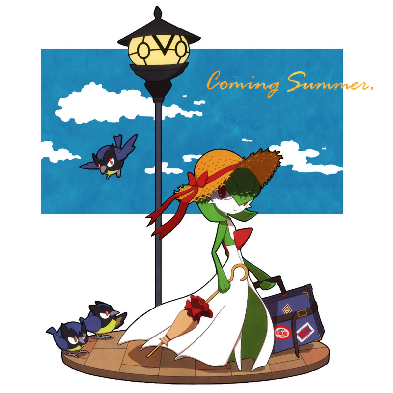 asgr_pww blue_sky bob_cut bow cloud colored_skin dress from_side gardevoir green_hair hat hat_bow lamppost multicolored_skin parasol pokemon pokemon_(creature) red_bow rookidee sky suitcase sun_hat two-tone_skin umbrella white_dress white_skin