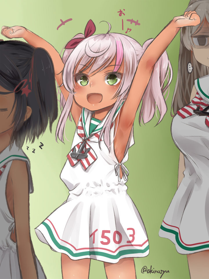 +++ ... 3girls :d \o/ akino_shuu armpits arms_up bare_arms bare_shoulders black_hair breasts character_request check_character closed_eyes comandante_cappellini_(kancolle) commentary_request conte_di_cavour_(kancolle) dress eighth_note empty_eyes green_background green_eyes grey_hair hair_ribbon kantai_collection large_breasts long_hair multicolored_hair multiple_girls musical_note outstretched_arms pink_hair red_ribbon ribbon sailor_collar sailor_dress scirocco_(kancolle) sleeping sleeveless sleeveless_dress smile solo_focus spoken_ellipsis streaked_hair translation_request twintails twitter_username white_dress white_sailor_collar zzz
