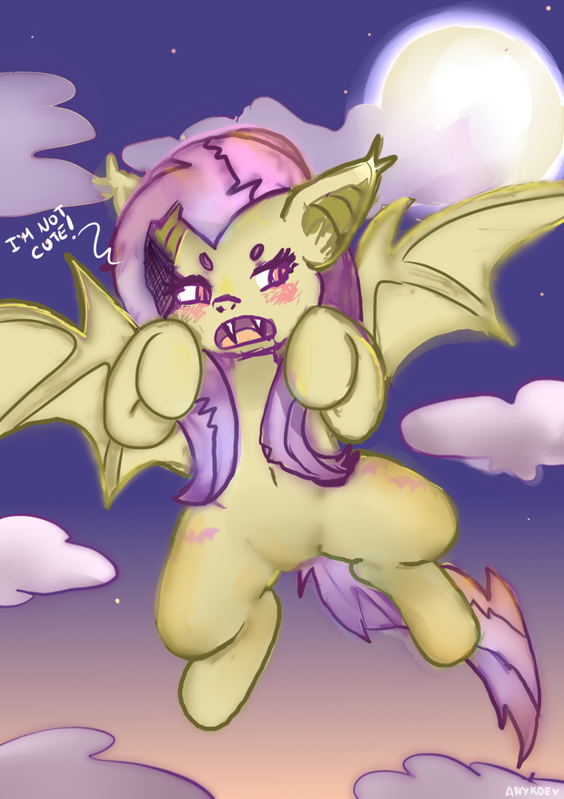 anthro anykoe baka bat_ears bat_pony bat_wings blush cloud colored_sketch dialogue equid fangs female flutterbat_(mlp) fluttershy_(mlp) flying friendship_is_magic hair hasbro mammal membrane_(anatomy) membranous_wings moon my_little_pony open_mouth pink_hair sketch solo teeth text wings yellow_body yellow_skin