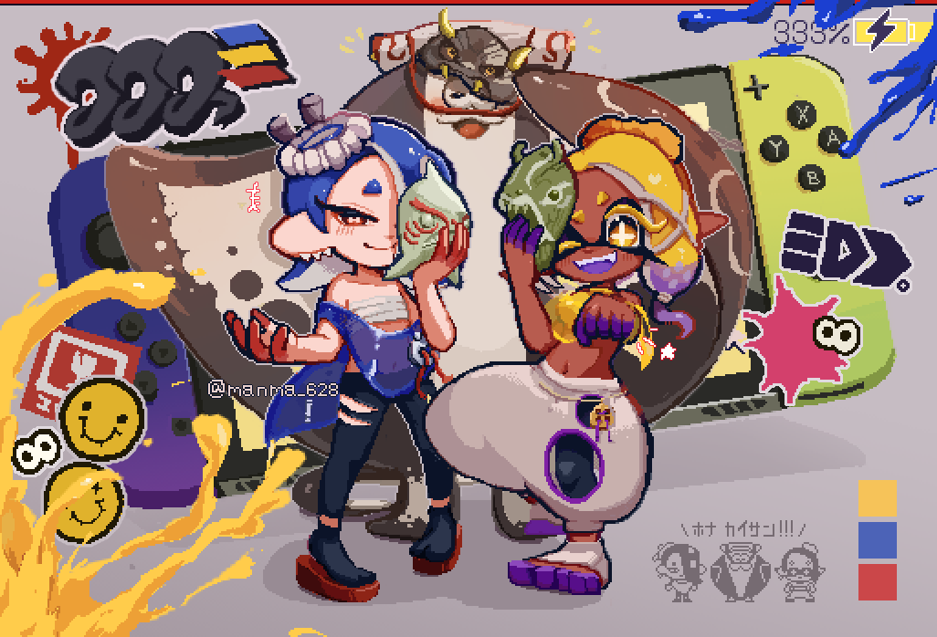 1boy 2girls artist_name battery_indicator big_man_(splatoon) black_pants blonde_hair blue_hair blue_shawl bright_pupils cephalopod_eyes chest_sarashi clenched_hand closed_mouth color_guide colored_eyelashes commentary_request crop_top earrings eyelashes frye_(splatoon) full_body gradient_hair grey_background hachimaki hair_over_one_eye harem_pants headband holding holding_mask inkling jewelry long_hair long_pointy_ears looking_at_viewer manma_628 mask medium_hair multicolored_hair multiple_earrings multiple_girls navel nejiri_hachimaki nintendo_switch octoling one_eye_closed open_mouth paint pants pointy_ears purple_hair red_eyes sarashi shawl shiver_(splatoon) simple_background smile splatoon_(series) splatoon_3 standing star-shaped_pupils star_(symbol) sticker symbol-shaped_pupils teeth tentacle_hair thick_eyebrows tooth_earrings torn_clothes torn_pants translation_request twitter_username two-tone_hair unworn_mask upper_teeth_only white_pants white_pupils yellow_eyes
