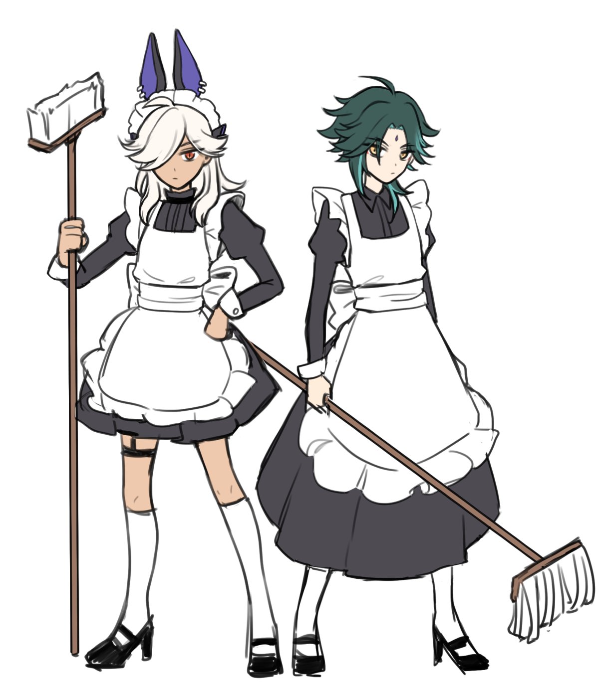 2boys ahoge alternate_costume animal_ears apron aqua_hair back_bow black_dress black_footwear bow broom closed_mouth collared_dress commentary_request crossdressing cyno_(genshin_impact) dark-skinned_male dark_skin dress enmaided fake_animal_ears forehead frilled_apron frills genshin_impact green_hair hair_over_one_eye hand_on_own_hip high_heels highres holding holding_broom holding_mop jackal_ears juliet_sleeves kneehighs korean_commentary long_hair long_sleeves looking_at_viewer maid maid_apron maid_headdress male_focus medium_hair mop multicolored_hair multiple_boys one_eye_covered parted_bangs pleated_dress puffy_sleeves red_eyes resso_(resso_oo) serious shoes short_dress simple_background sleeve_cuffs socks standing streaked_hair swept_bangs thigh_strap white_apron white_background white_bow white_hair white_socks xiao_(genshin_impact) yellow_eyes