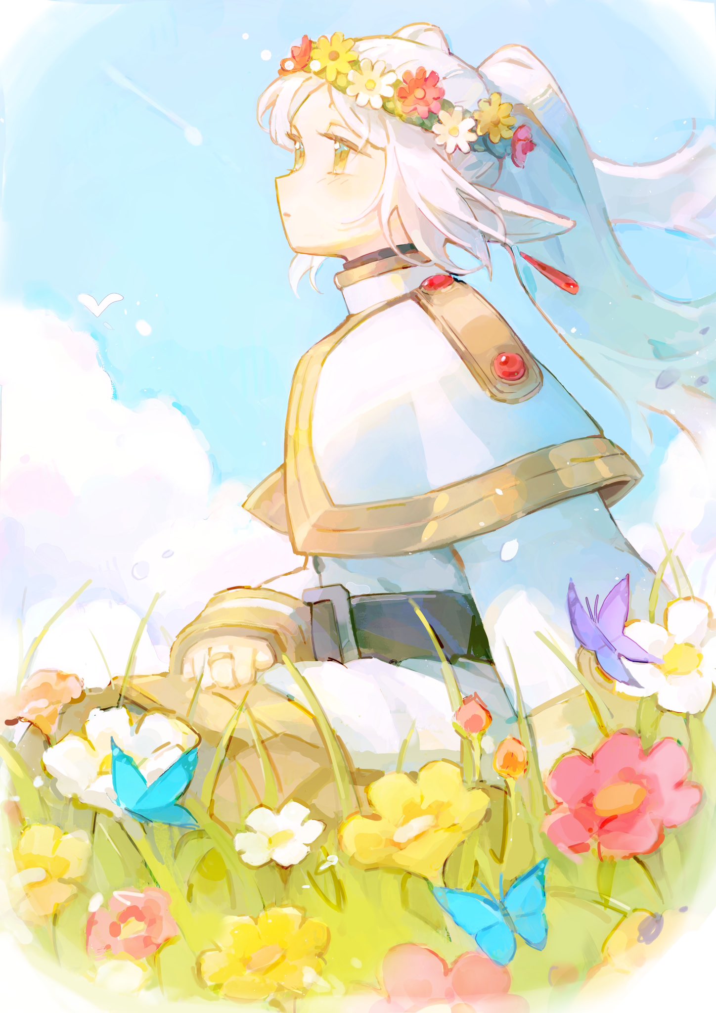 1girl belt blue_butterfly blue_sky bug butterfly capelet closed_mouth cloud commentary day dress earrings elf floating_hair flower frieren grass green_eyes highres jewelry long_hair long_sleeves malfuncio on_ground outdoors pink_flower pointy_ears profile purple_butterfly red_flower ring sitting sky solo sousou_no_frieren twintails wedding_ring white_capelet white_dress white_flower white_hair yellow_flower