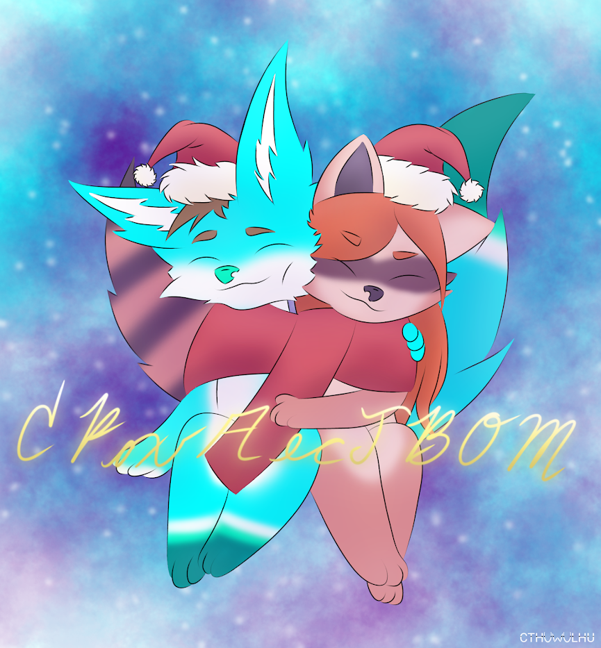 anthro big_(disambiguation) bright canid canine canis chibi christmas couple_(disambiguation) cozy cthuwulhu cuddling duo female fluffy holidays invalid_tag male male/female malisha mammal procyonid raccoon russia scarf sylves(cthuwulhu) tails_(disambiguation) wolf