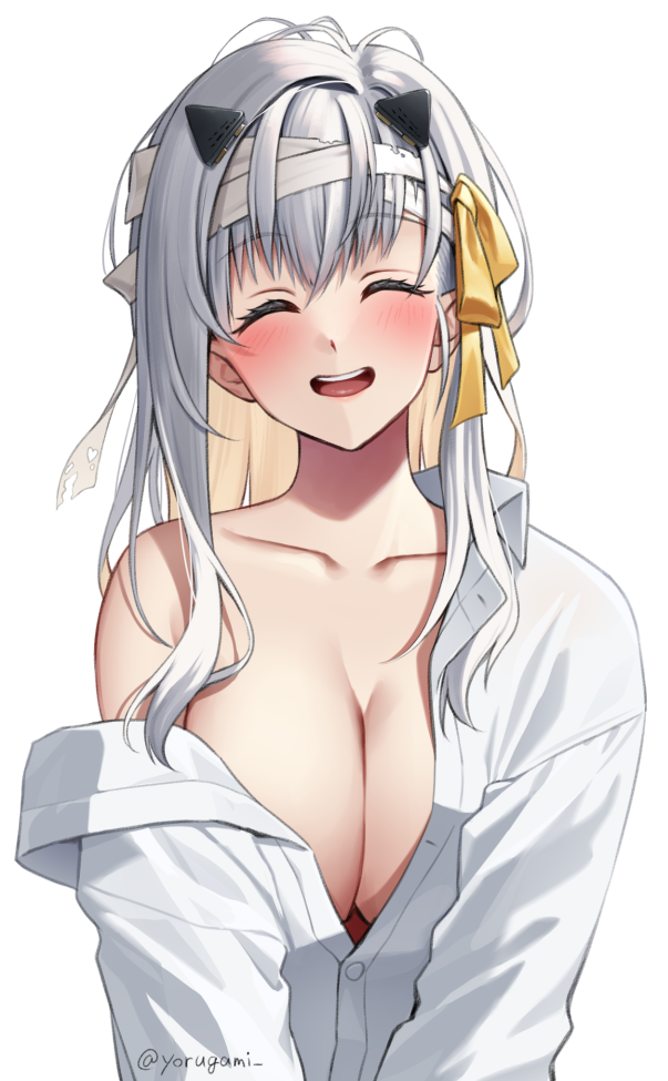 1girl :d bandaged_head bandages blush breasts cleavage closed_eyes goddess_of_victory:_nikke grey_hair hair_ribbon large_breasts long_hair looking_at_viewer modernia_(first_affection)_(nikke) modernia_(nikke) off_shoulder official_alternate_costume open_mouth ribbon shirt sidelocks simple_background smile solo twitter_username upper_body white_background white_shirt yellow_ribbon yorugami_rei