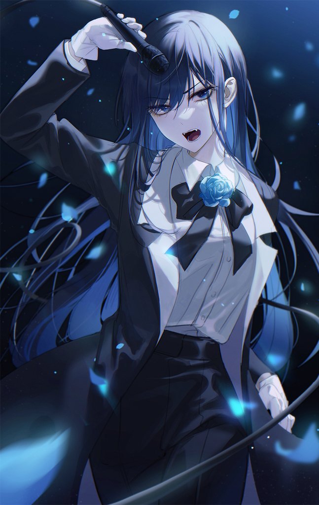 1girl ado_(utaite) black_bow black_bowtie black_coat black_hair black_pants blue_eyes blue_flower blue_hair blue_rose bow bowtie breasts chando_(ado) cloud_nine_inc coat collared_shirt colored_inner_hair commentary_request cowboy_shot dress_shirt falling_petals fangs flower flower_brooch gloves holding holding_microphone kani_(kkk_kani) long_hair long_sleeves looking_at_viewer microphone mole mole_under_eye multicolored_hair open_clothes open_coat open_mouth pants petals rose shirt sidelocks small_breasts solo teeth two-tone_hair utaite very_long_hair white_gloves white_shirt wire