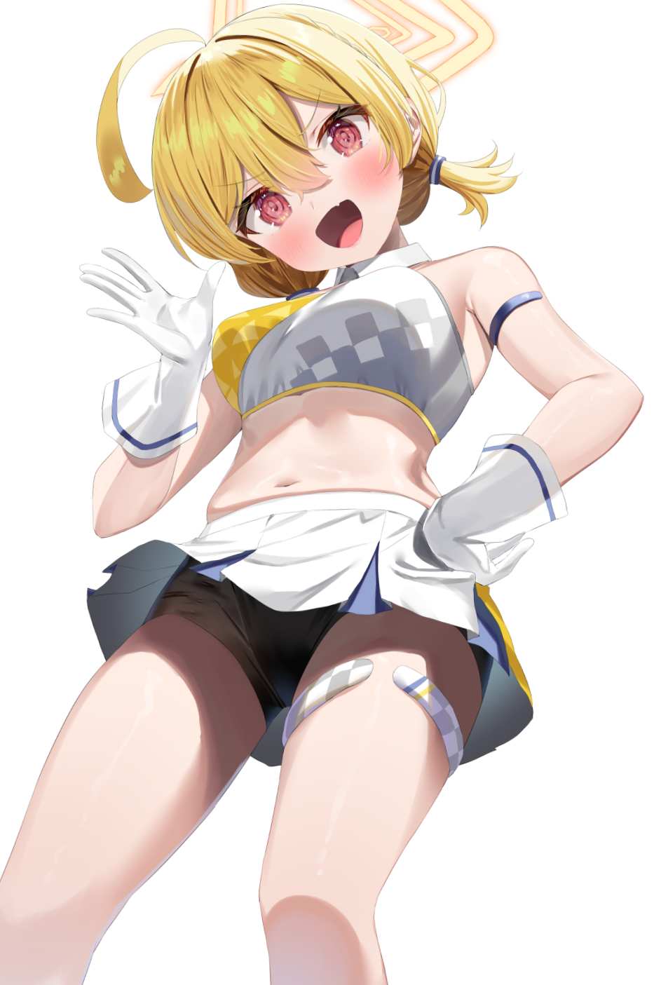 1girl :d ahoge bare_shoulders bike_shorts black_shorts blonde_hair blue_archive blush breasts commentary_request fang gloves hair_between_eyes hair_intakes halo hand_on_own_hip highres k_mugura kotori_(blue_archive) kotori_(cheer_squad)_(blue_archive) looking_at_viewer low_twintails medium_breasts navel pleated_skirt red_eyes short_shorts short_twintails shorts shorts_under_skirt simple_background skirt smile solo twintails upskirt v-shaped_eyebrows white_background white_gloves white_skirt