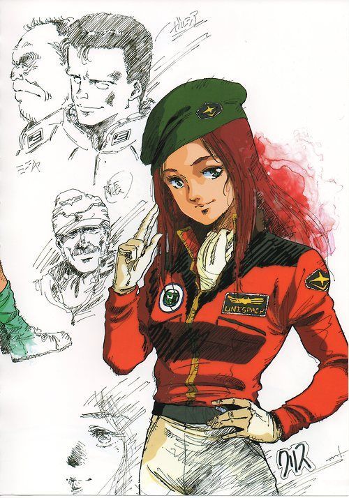 1980s_(style) 1girl 3boys beret christina_mackenzie cropped earth_federation emblem gabriel_garcia gundam gundam_0080 hat jacket looking_at_viewer looking_to_the_side mikhail_kaminsky mikimoto_haruhiko military military_uniform multiple_boys official_art production_art promotional_art red_hair retro_artstyle salute scan science_fiction signature sketch smirk steiner_hardy uniform zeon