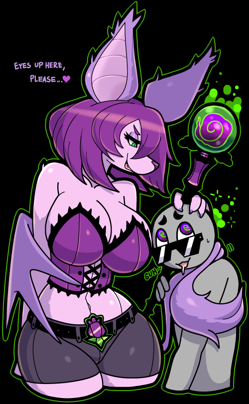 anon anthro bat belt big_breasts breasts bustier clothed clothing drooling duo female fukkusu fur green_eyes hair human hypnofood hypnosis mammal mind_control pink_fur purple_hair saliva shorts simple_background smile staff tail_scarf text tight_clothing wings