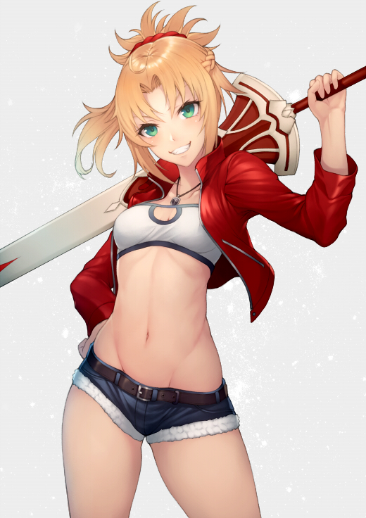 bandeau bangs banned_artist belt blonde_hair blush braid breasts clarent cleavage commentary_request cutoffs denim denim_shorts fate/apocrypha fate_(series) french_braid green_eyes grin hair_between_eyes hair_ornament hair_scrunchie hips jacket kyoeiki long_hair long_sleeves looking_at_viewer medium_breasts mordred_(fate) mordred_(fate)_(all) navel open_clothes open_jacket over_shoulder parted_bangs ponytail red_jacket red_scrunchie scrunchie shorts sidelocks simple_background smile solo standing sword thighs weapon white_background