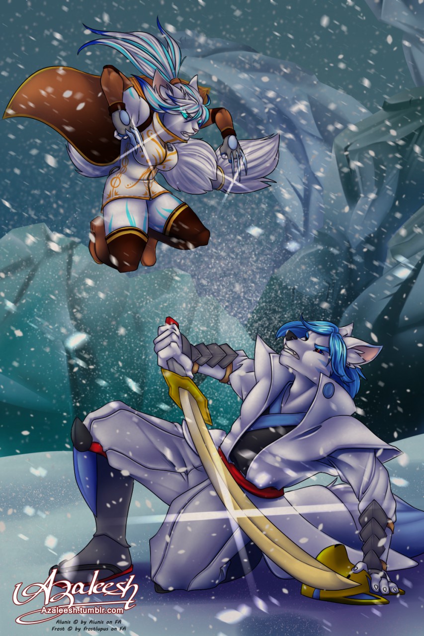 alunis armor azaleesh blade canine clothing fight footwear frost glacier hakama japanese_clothing mammal sandals shoes snarling snow weapon