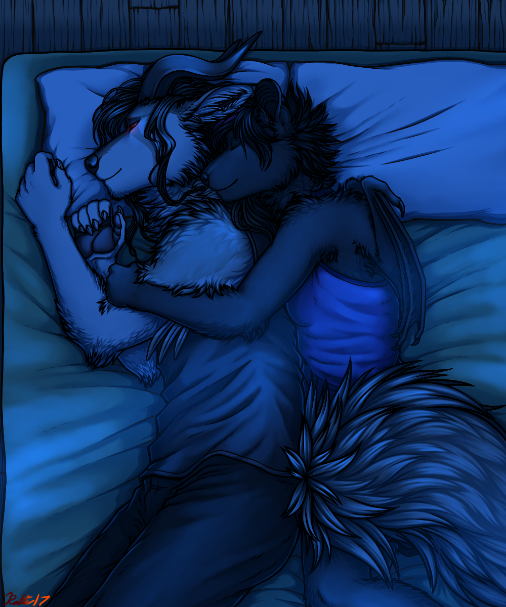 2017 anthro bat clothed clothing detailed_background duo entalonus eyes_closed faraden female futon glowing glowing_eyes horn hug invalid_tag male mammal night pillow psycrhen ratte red_eyes ruun sleeping smile story story_in_description