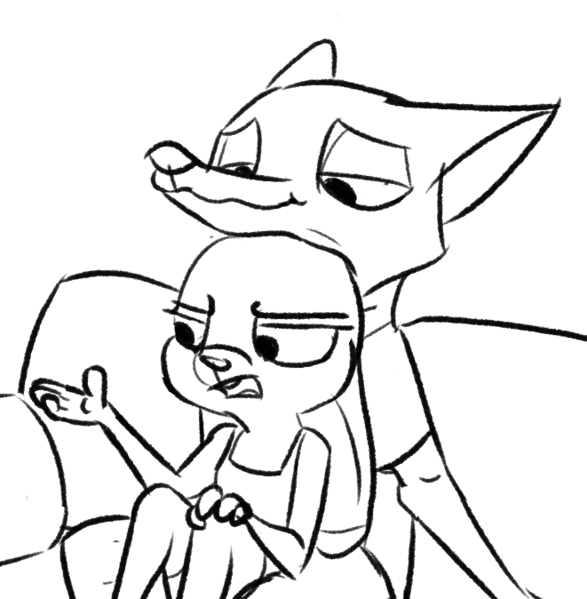 2017 anthro black_and_white bluedouble canine clothed clothing disney duo female fox judy_hopps lagomorph male mammal monochrome nick_wilde on_lap rabbit simple_background sitting sitting_on_lap sofa story story_in_description white_background zootopia