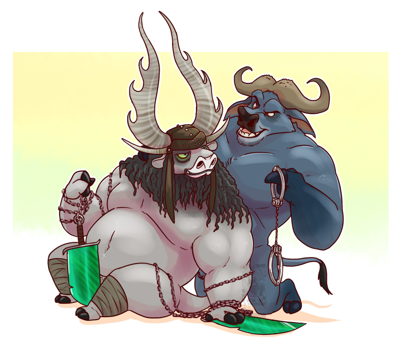 2016 3_fingers anthro arm_support biceps biped black_hair blue_eyes blue_fur blue_tail bovine brown_horn buffalo cape_buffalo chain chief_bogo cloven_hooves crossover digital_media_(artwork) disney duo eclipsewolf eyebrows front_view fur general_kai gradient_background green_sclera grey_fur grey_horn grey_tail hair handcuffs hat holding_object hooved_fingers hooves horn kneeling kung_fu_panda leg_wraps male male/male mammal melee_weapon multicolored_horn musclegut muscular muscular_male navel nude open_mouth raised_eyebrow reclining shackles simple_background snout tail_tuft teeth tuft two_tone_horn watermark weapon wraps yak zootopia