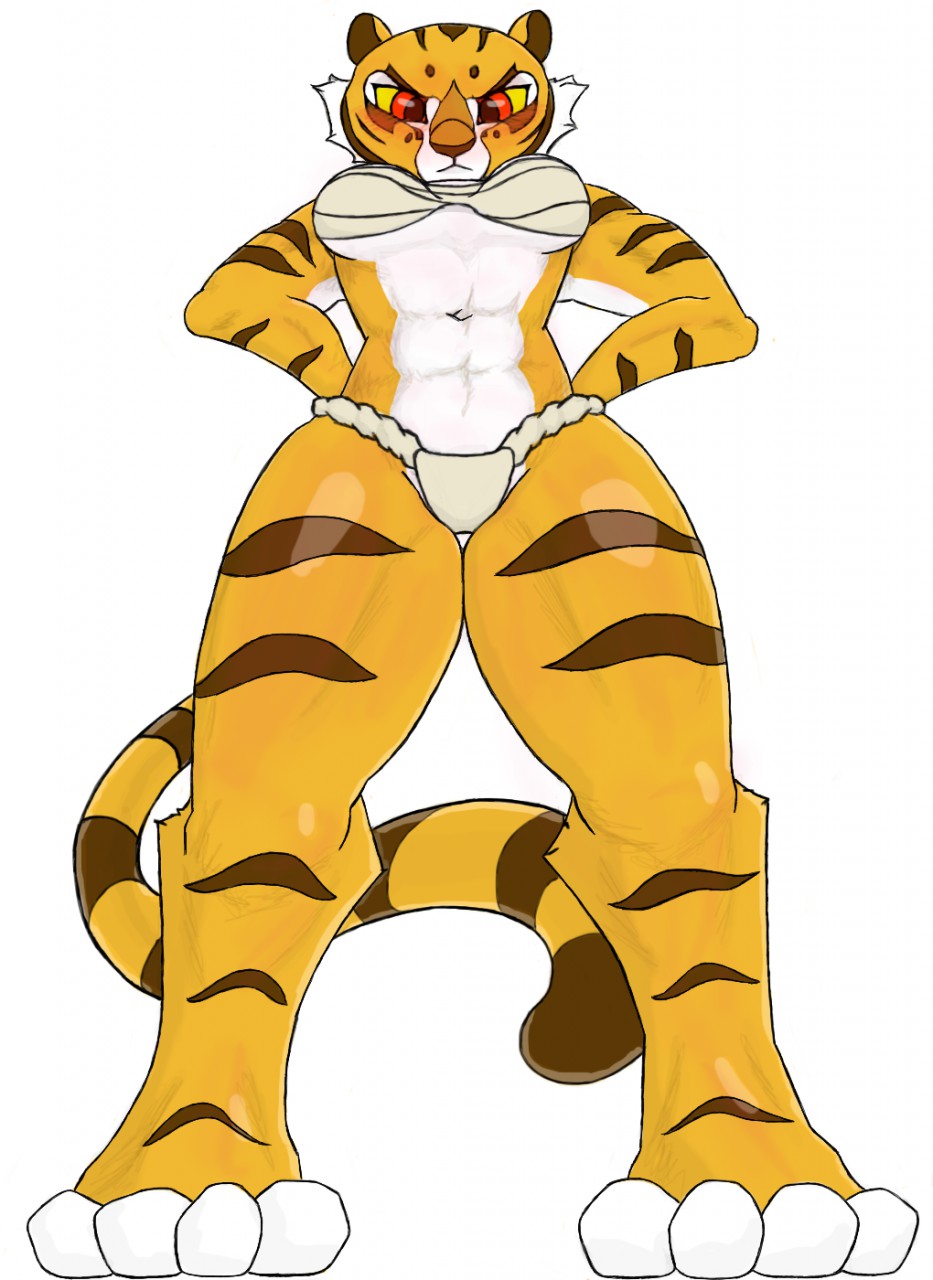 angry anthro blush breasts cat clothed clothing dreamworks feline female kung_fu_panda looking_at_viewer low-angle_view mammal master_tigress nude simple_background solo standing stripes tiger