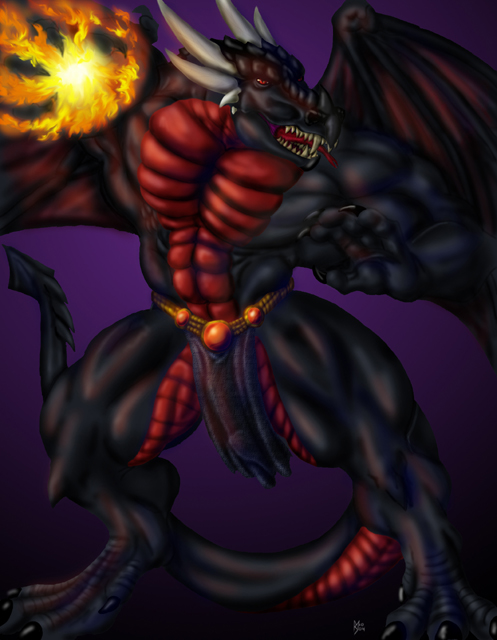 abs black_dragon bulge claws clothing dragon fangs fireball horn loincloth looking_away male membranous_wings muscular muscular_arms muscular_legs muscular_male muscular_thighs pecs penis_outline red_eyes simple_background solo spiked_tail sudonym tongue tongue_out wings