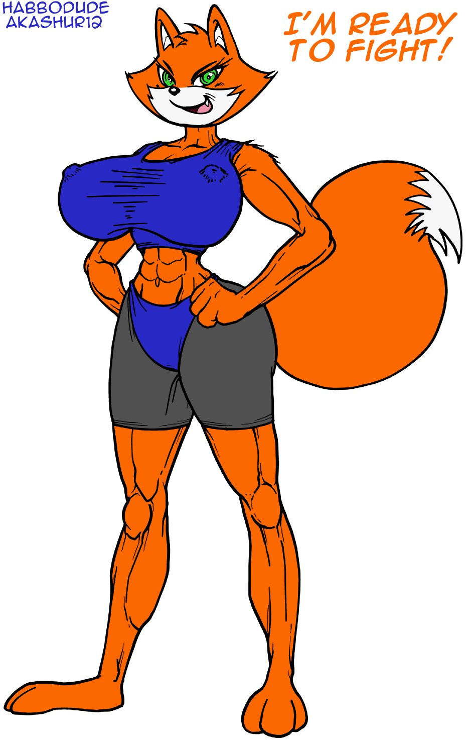 2017 akashur12 anthro big_breasts breasts canine english_text erect_nipples female fox habbodude huge_breasts mammal muscular muscular_female nipple_bulge nipples solo text