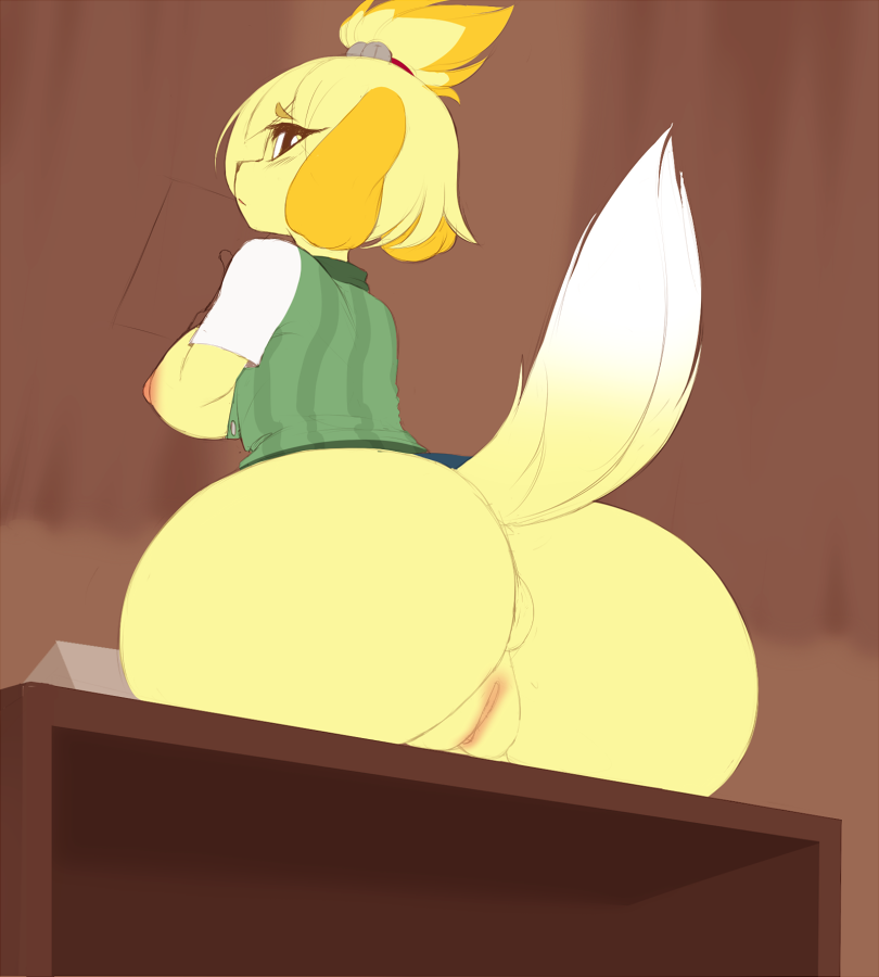 animal_crossing anus big_breasts big_butt blonde_hair bottomless breasts butt canine clothed clothing dog female fur hair isabelle_(animal_crossing) kanel looking_back mammal nintendo nipples open_shirt puffy_anus pussy shirt side_boob solo video_games yellow_fur
