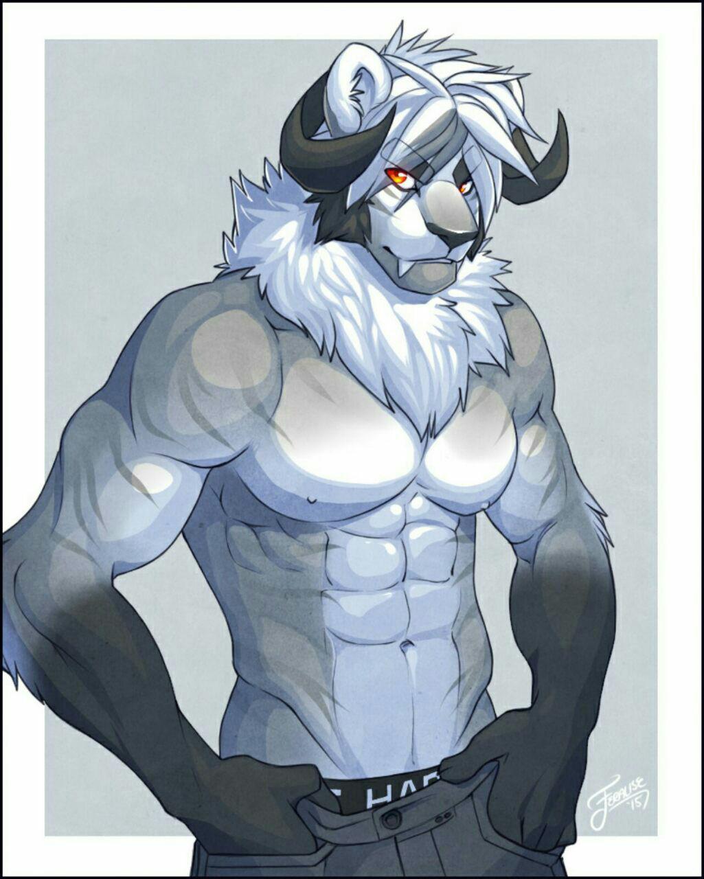 2015 abs anthro athletic bedroom_eyes biceps black_nose canine clothed clothing dark_gray_fur demon fangs feralise fur glowing glowing_eyes grey_fur hair half-closed_eyes horn looking_at_veiwer looking_at_viewer male mammal multicolored_fur muscular muscular_male navel nipples pants partially_clothed pecs red_eyes scruff seductive simple_background smile solo standing striped_fur stripes teeth topless underwear white_background white_fur wolf