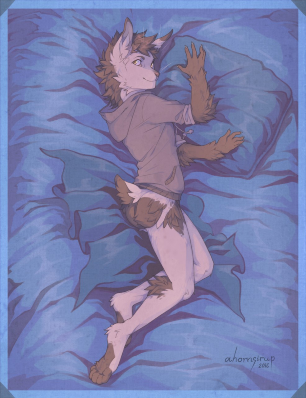 bed bottomless clothed clothing diesel_wiesel hair hoodie lagomorph looking_at_viewer male mammal on_bed paws pinup pose rabbit short_hair smile solo volcanins yellow_eyes