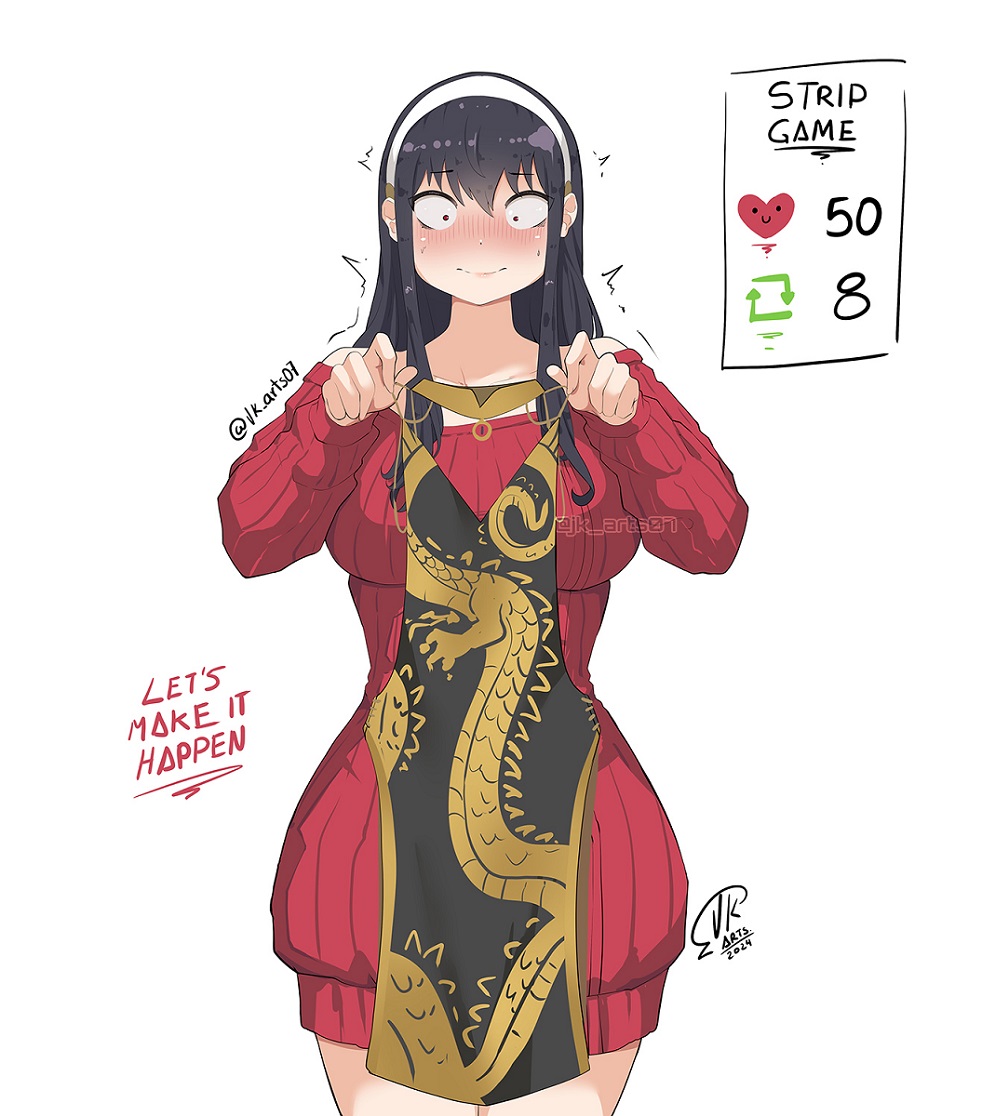1girl black_hair blush breasts closed_mouth collarbone constricted_pupils dragon_print dress hairband holding holding_clothes holding_dress jk_arts long_hair meme off_shoulder red_eyes red_sweater ribbed_sweater sidelocks signature solo spy_x_family sweat sweater twitter_strip_game_(meme) twitter_username unworn_dress watermark white_hairband yor_briar