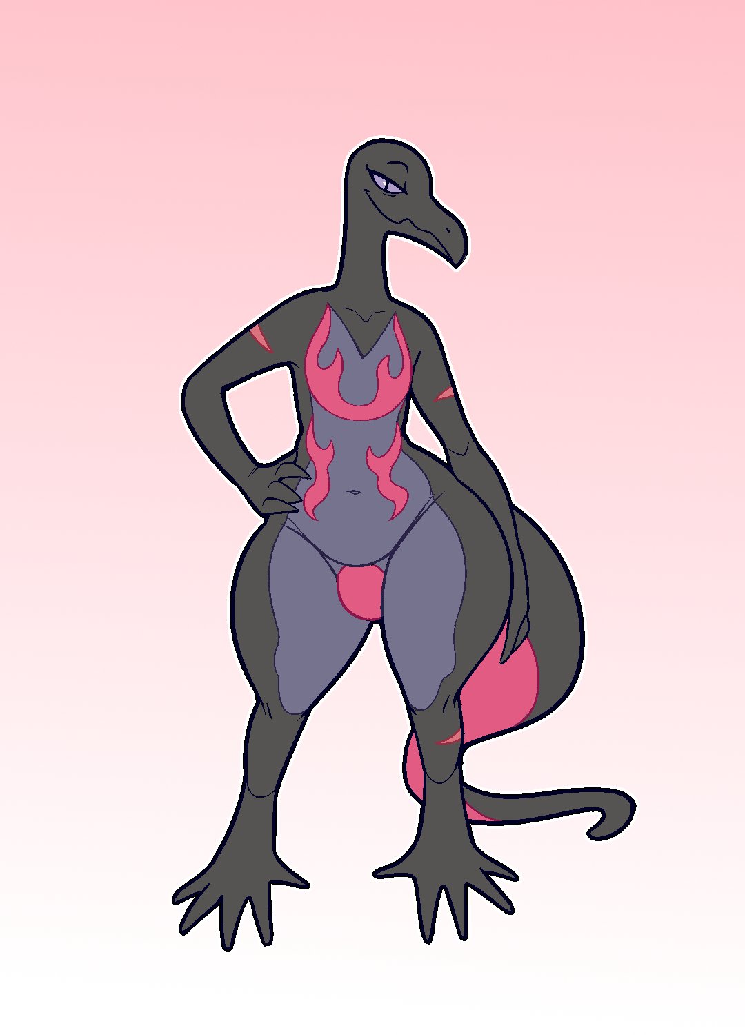 2024 anthro big_butt black_body black_eyes black_scales black_tail butt digital_media_(artwork) featureless_crotch generation_7_pokemon golde half-closed_eyes hand_on_hip hand_on_own_hip hi_res looking_at_viewer male male_(lore) multicolored_body multicolored_scales narrowed_eyes navel nintendo pink_body pink_scales pink_tail pokemon pokemon_(species) pose purple_body purple_scales purple_sclera salazzle scales smile solo standing tail thick_thighs two_tone_tail