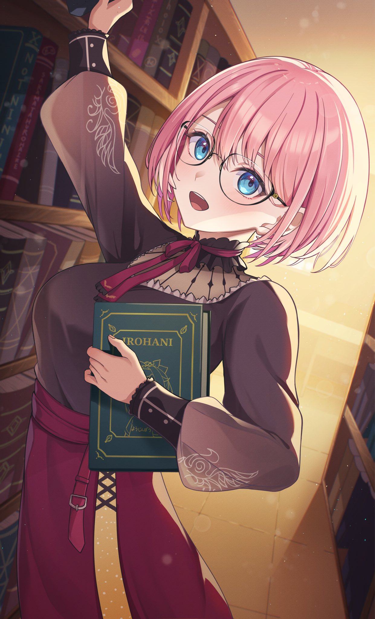 1girl :d arm_up black_shirt blue_eyes bob_cut book bookshelf chameleon_(chameleon0613) cross-laced_slit frilled_shirt_collar frills glasses high-waist_skirt highres holding holding_book hololive indoors kazama_iroha long_skirt long_sleeves looking_at_viewer neck_ribbon official_alternate_costume pink_hair print_sleeves puffy_long_sleeves puffy_sleeves red_ribbon red_sash red_skirt ribbon sash see-through shirt short_hair side_slit skirt smile solo swept_bangs takane_lui takane_lui_(3rd_costume) teeth upper_teeth_only virtual_youtuber