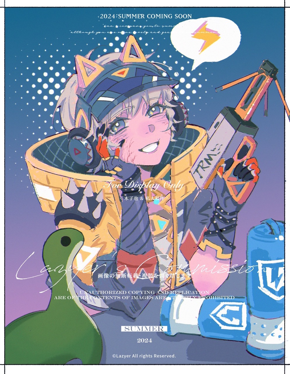 1girl animal_ear_headphones animal_ears animification apex_legends battery blonde_hair blue_hat bright_pupils cat_ear_headphones energy_reader_(apex_legends) fake_animal_ears gloves hand_on_own_cheek hand_on_own_face headphones highres holding holding_weapon jacket lazyer lightning_bolt_symbol looking_at_viewer nessie_(respawn) official_alternate_costume purple_eyes purple_gloves short_hair shoulder_spikes smile solo speech_bubble spikes stuffed_toy thunder_kitty_wattson visor_cap watermark wattson_(apex_legends) weapon white_pupils yellow_jacket