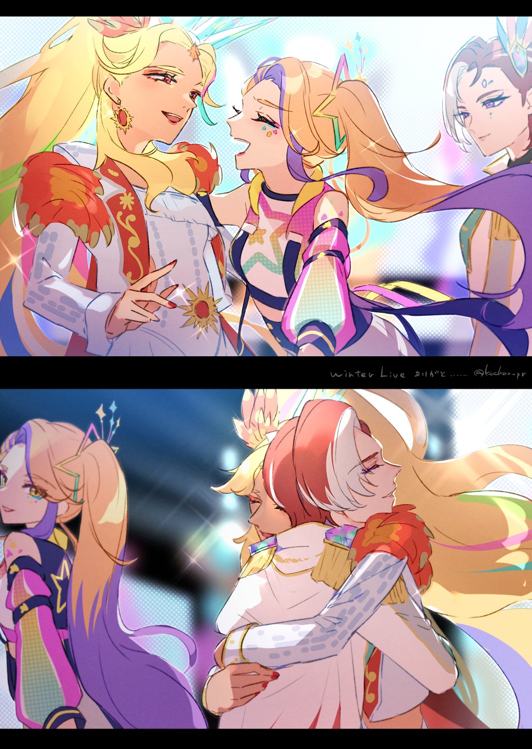 3girls :d blonde_hair closed_eyes closed_mouth commentary_request crop_top earrings epaulettes highres hug imminent_hug jacket jennifer_sumire_sol jewelry ko_(kochan_pr) long_hair long_sleeves looking_at_another looking_back multicolored_hair multiple_girls multiple_views nail_polish open_mouth orange_hair pretty_series purple_eyes purple_hair red_eyes red_hair shirt short_hair side_ponytail smile streaked_hair sumeragi_amane sumeragi_amane_(pretty_series) sumeragi_amane_(pretty_series)_(primagista) sun_symbol upper_body very_long_hair waccha_primagi! white_jacket white_shirt yayoi_hina yayoi_hina_(primagista)