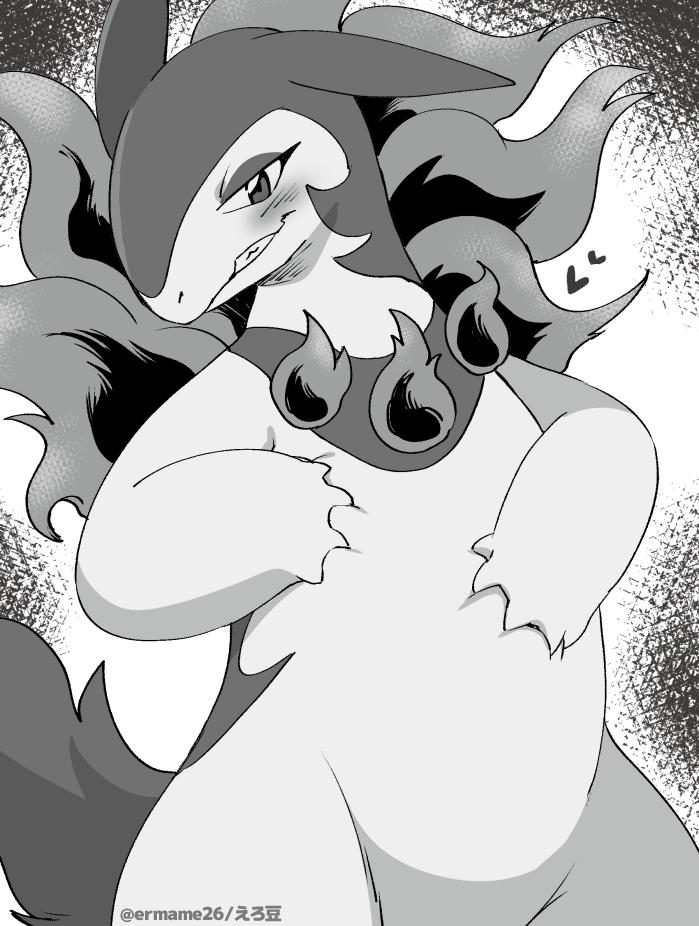 2023 5_fingers ambiguous_anthro ambiguous_gender anthro blush eromame fingers fire generation_8_pokemon greyscale grin grinning_at_viewer hisuian_form hisuian_typhlosion kemono looking_at_viewer monochrome narrowed_eyes nintendo pokemon pokemon_(species) regional_form_(pokemon) smile snout solo standing