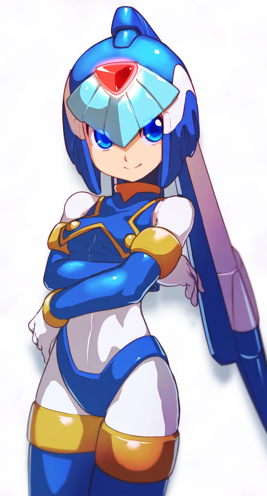 1girl android armor arms_under_breasts blooming_prison_(pz0hv7oluremm0q) blue_armor blue_eyes blue_helmet blurry blurry_background breasts cowboy_shot crop_top fairy_leviathan_(mega_man) forehead_jewel glowing helmet highres medium_breasts mega_man_(series) mega_man_zero_(series) robot_girl simple_background smile solo white_background