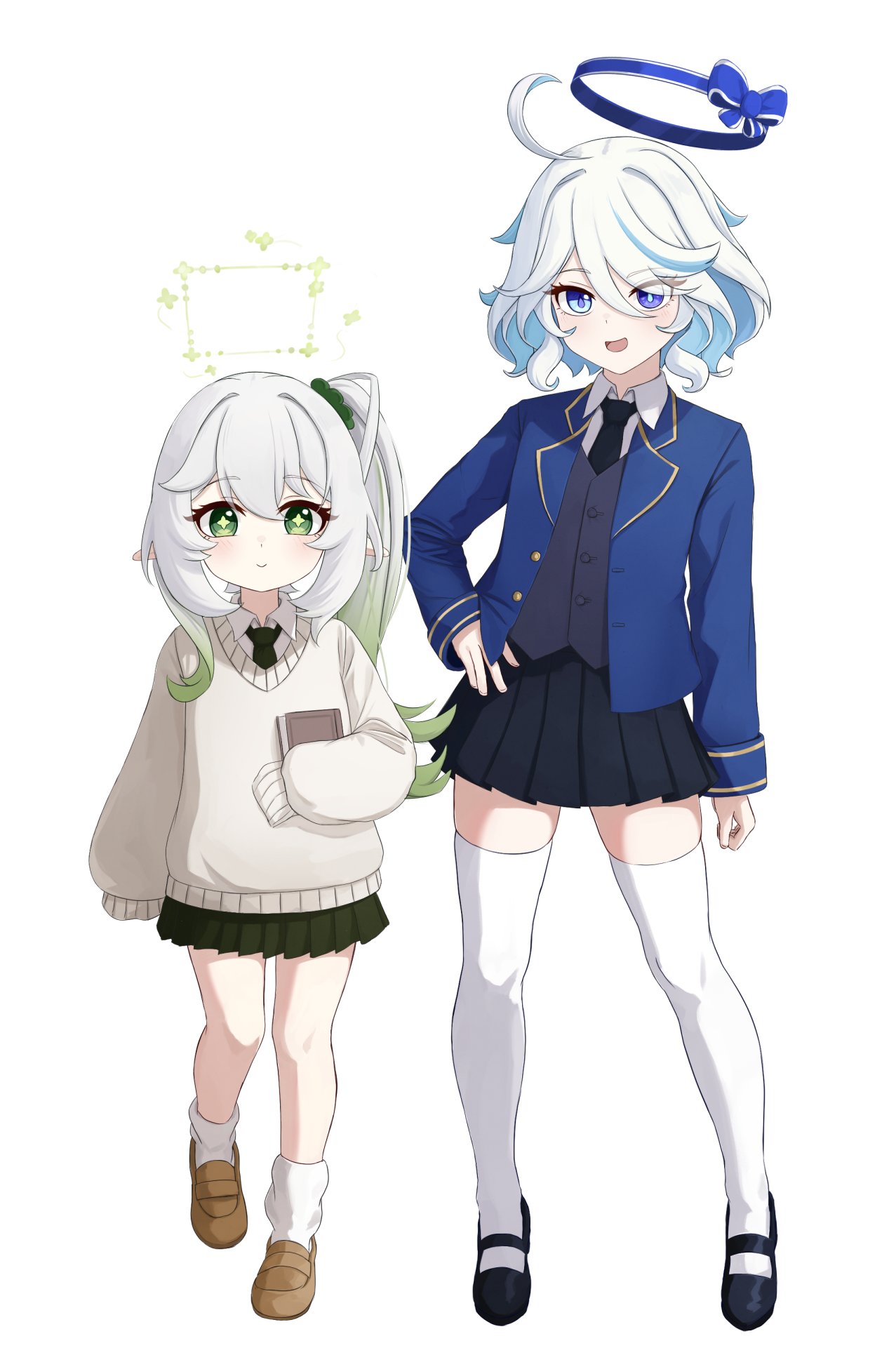 2girls :d ahoge black_footwear black_necktie black_skirt blazer blue_archive blue_bow blue_eyes blue_hair blue_halo blue_jacket blush bow brown_footwear closed_mouth full_body furina_(genshin_impact) genshin_impact green_eyes green_necktie green_scrunchie green_skirt grey_sweater hair_between_eyes hair_ornament hair_scrunchie halo hand_on_own_hip heterochromia highres jacket loafers long_hair long_sleeves looking_at_viewer loose_socks mary_janes mockingeu multicolored_hair multiple_girls nahida_(genshin_impact) necktie open_clothes open_jacket open_mouth parody pointy_ears school_uniform scrunchie shoes side_ponytail simple_background skirt sleeves_past_fingers sleeves_past_wrists smile socks standing streaked_hair sweater thighhighs tongue white_background white_hair white_socks white_thighhighs