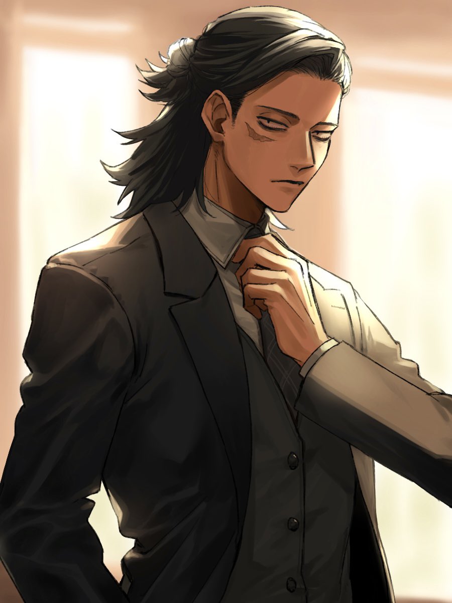 1boy adjusting_clothes adjusting_necktie black_hair black_jacket black_necktie black_vest blurry blurry_background boku_no_hero_academia closed_mouth collared_shirt eraser_head_(boku_no_hero_academia) formal highres jacket long_sleeves looking_at_viewer male_focus necktie rnuyvm scar scar_on_cheek scar_on_face shirt solo upper_body vest white_shirt