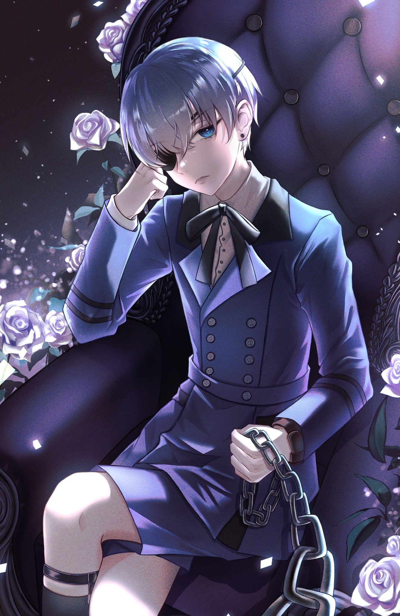 1boy artchouu black_ribbon black_socks blue_dress blue_eyes blue_hair blue_jacket blue_shorts buttons chain chair ciel_phantomhive clenched_hands closed_mouth crossed_legs dark_blue_hair dress earrings expressionless eyepatch flower hand_on_own_cheek hand_on_own_face highres holding holding_chain jacket jewelry kuroshitsuji leaf light_particles looking_at_viewer male_focus pov ribbon shirt short_hair shorts sitting socks solo thigh_strap white_flower white_shirt