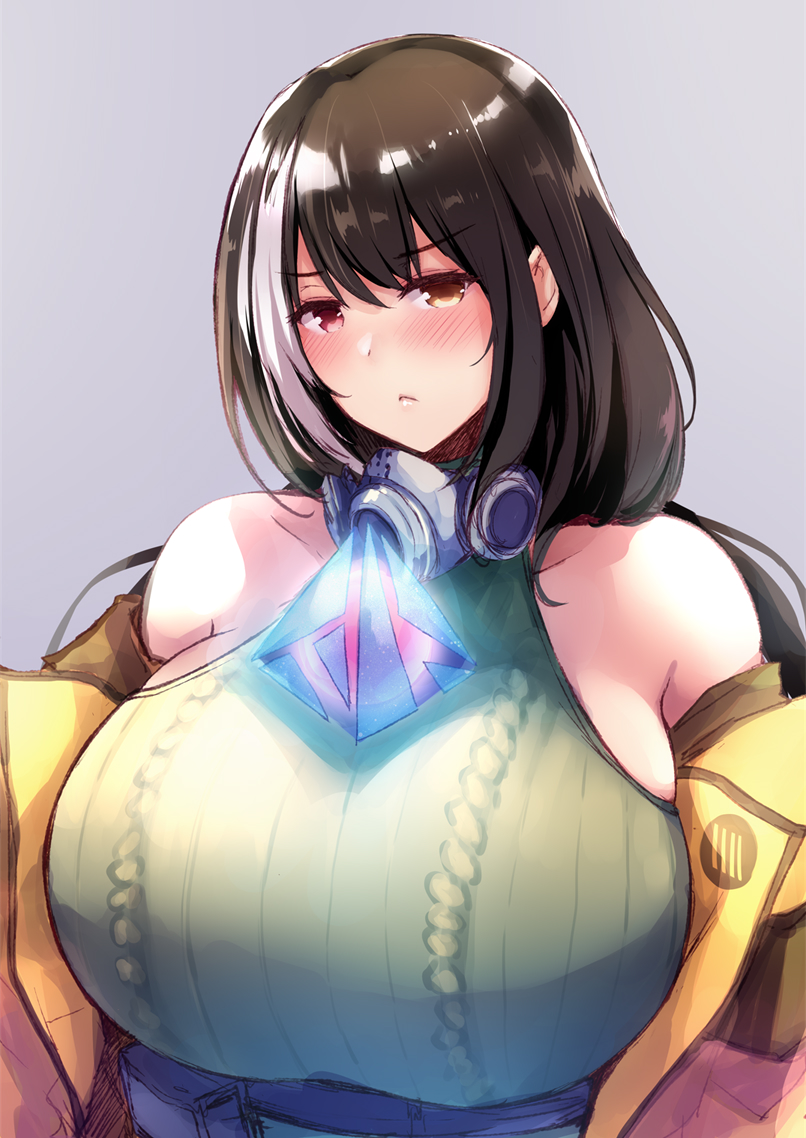 1girl bare_shoulders black_hair blush breasts closed_mouth girls'_frontline glint goban grey_background heterochromia huge_breasts jacket looking_at_viewer multicolored_hair red_eyes respirator ro635_(girls'_frontline) sideboob simple_background solo streaked_hair sweater two-tone_hair white_hair yellow_eyes yellow_jacket yellow_sweater