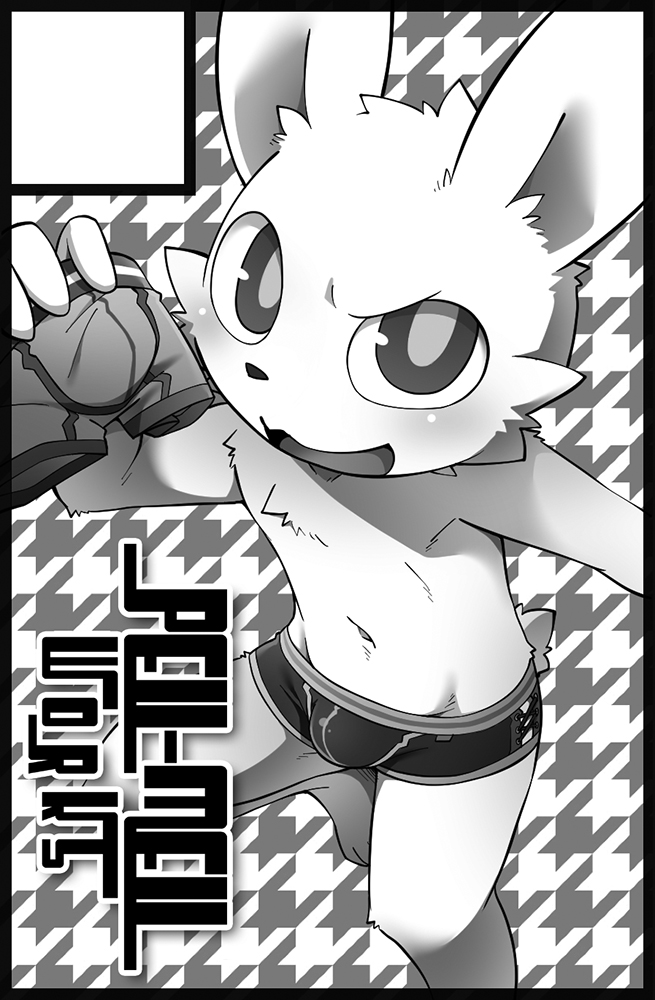 2021 anthro black_and_white black_nose chest_tuft circle_cut clothed clothing cover cover_art cover_page digital_media_(artwork) fur hand_on_underwear hangetsu_(ko-gami) head_tuft holding_clothing holding_object holding_underwear ko-gami lagomorph leporid looking_at_viewer male mammal monochrome navel open_mouth open_smile rabbit smile smiling_at_viewer solo topless topless_anthro topless_male tuft underwear white_body white_fur